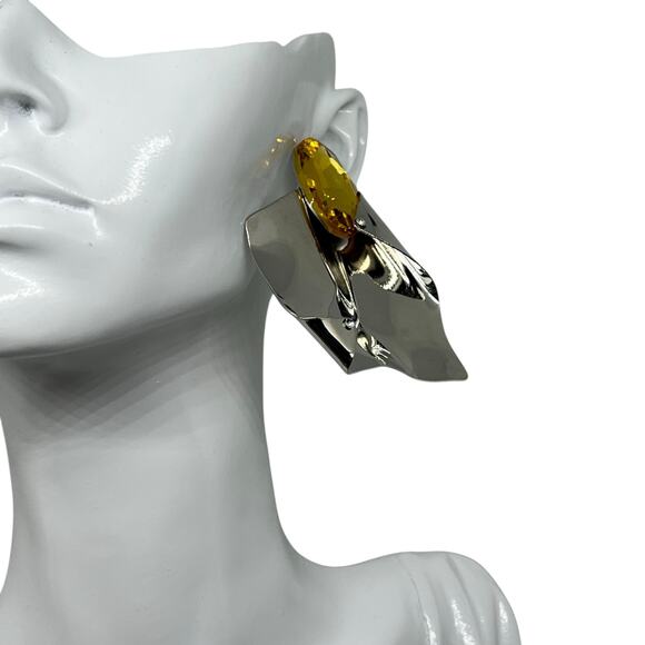 Modernist Sculptural Citrine Crystal Silver Statement Earring Avant-Garde Runway - Picture 3 of 12